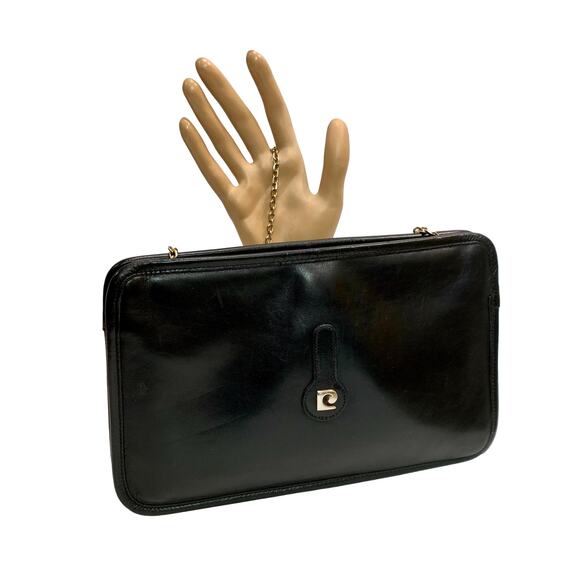 70s MOD Pierre Cardin Black Leather Shoulder Bag Gold Logo & Chain - Picture 2 of 10